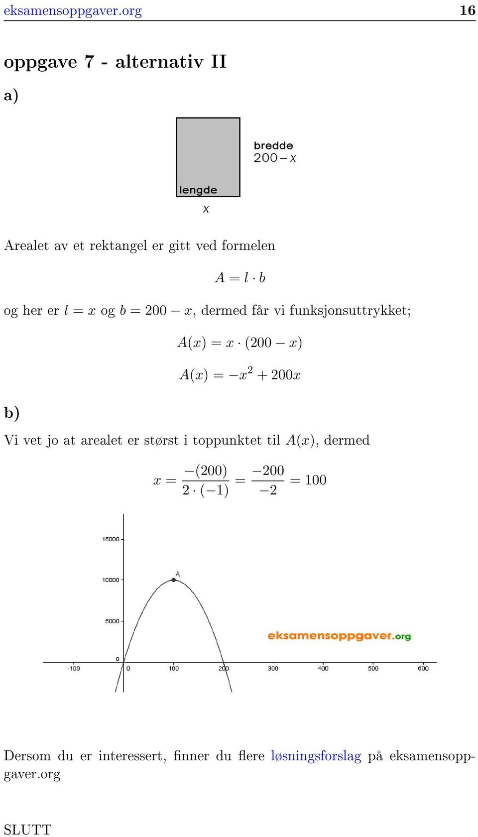 er l = x og b = 200 x, dermed får vi funksjonsuttrykket; A(x) = x (200 x) A(x) = x 2 + 200x b)