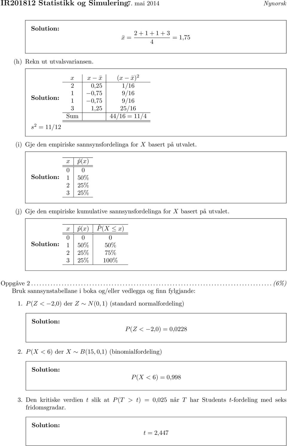 x ˆp(x) 0 0 1 50% 2 25% 3 25% (j) Gje den empiriske kumulative sannsynsfordelinga for X basert på utvalet. x ˆp(x) ˆP (X x) 0 0 0 1 50% 50% 2 25% 75% 3 25% 100% Oppgåve 2.