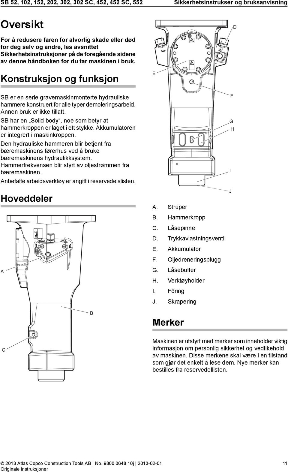 Konstruksjon og funksjon E SB er en serie gravemaskinmonterte hydrauliske hammere konstruert for alle typer demoleringsarbeid. Annen bruk er ikke tillatt.