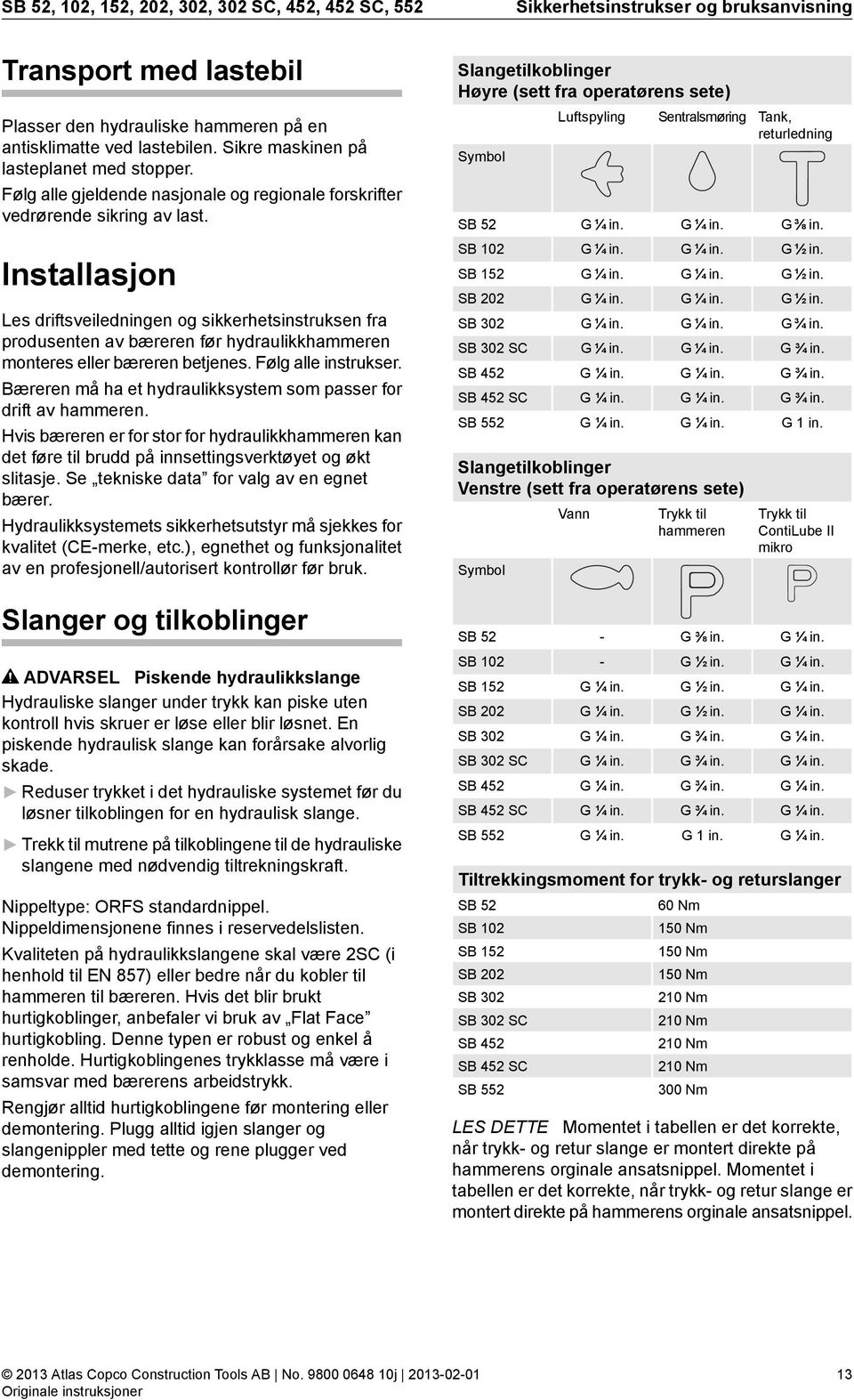 Installasjon Les driftsveiledningen og sikkerhetsinstruksen fra produsenten av bæreren før hydraulikkhammeren monteres eller bæreren betjenes. Følg alle instrukser.