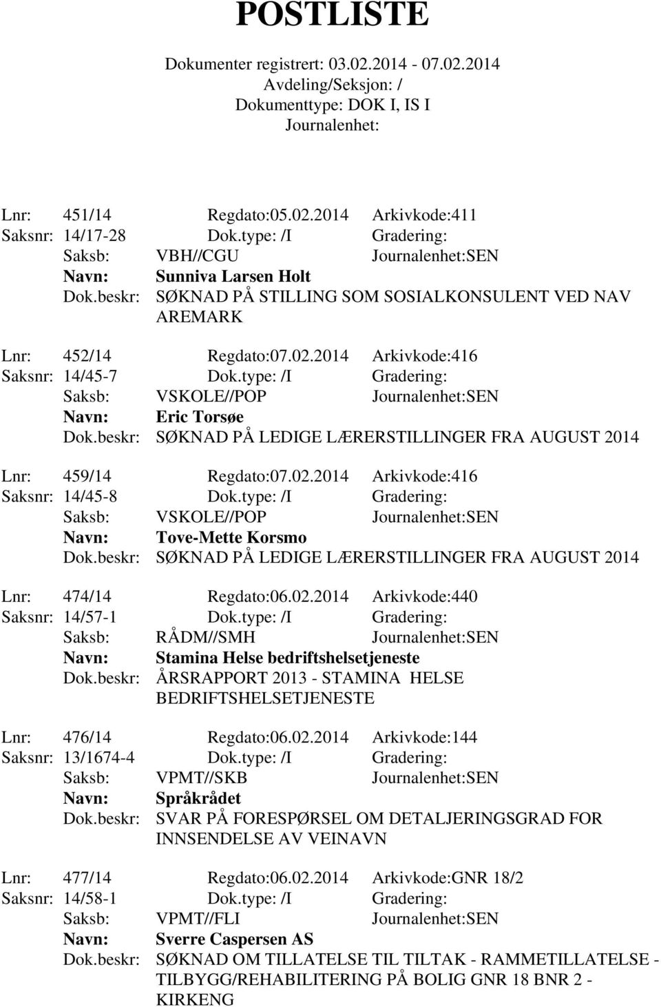 type: /I Gradering: Saksb: RÅDM//SMH SEN Stamina Helse bedriftshelsetjeneste Dok.beskr: ÅRSRAPPORT 2013 - STAMINA HELSE BEDRIFTSHELSETJENESTE Lnr: 476/14 Regdato:06.02.