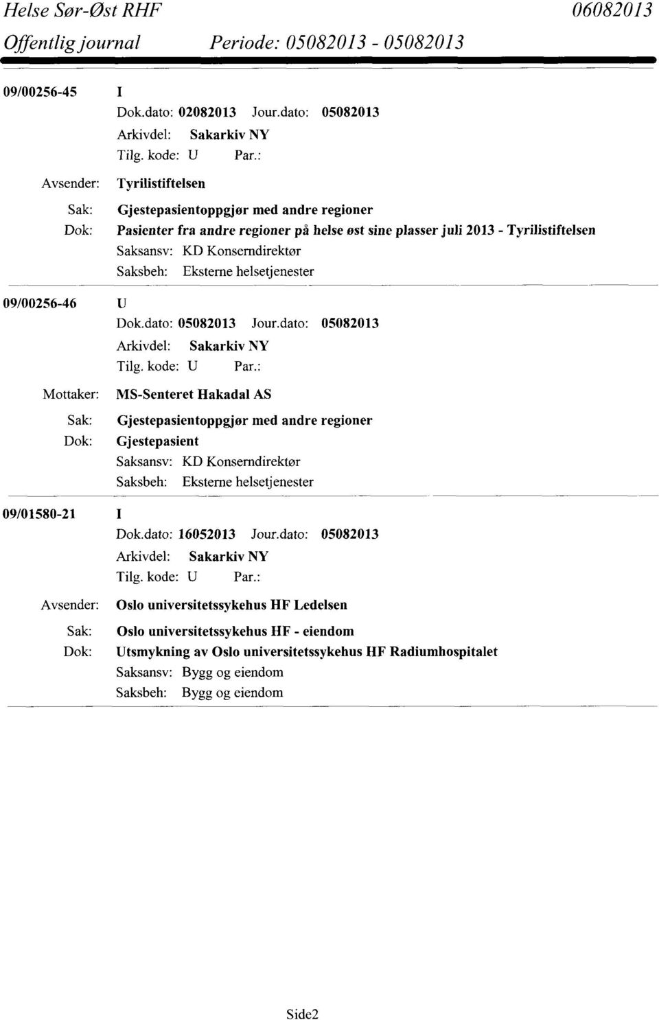 Tyrilistiftelsen Saksansv: KD Konserndirektør 09/00256-46 Mottaker: MS-Senteret Hakadal AS Gjestepasientoppgjør med andre regioner Gjestepasient Saksansv: