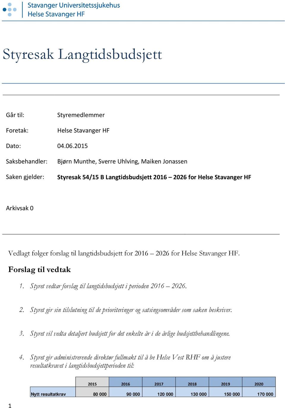 langtidsbudsjett for 2016 2026 for Helse Stavanger HF. Forslag til vedtak 1. Styret vedtar forslag til langtidsbudsjett i perioden 2016 2026. 2. Styret gir sin tilslutning til de prioriteringer og satsingsområder som saken beskriver.