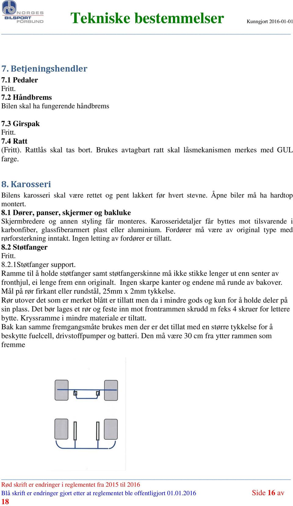 Karosseridetaljer får byttes mot tilsvarende i karbonfiber, glassfiberarmert plast eller aluminium. Fordører må være av original type med rørforsterkning inntakt. Ingen letting av fordører er tillatt.