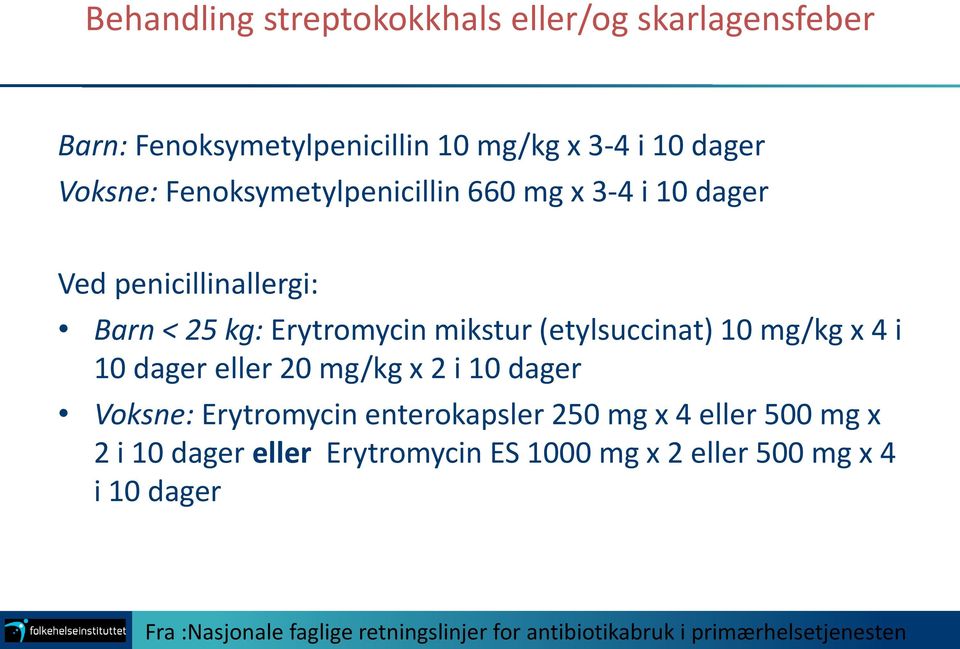 mg/kg x 4 i 10 dager eller 20 mg/kg x 2 i 10 dager Voksne: Erytromycin enterokapsler 250 mg x 4 eller 500 mg x 2 i 10 dager