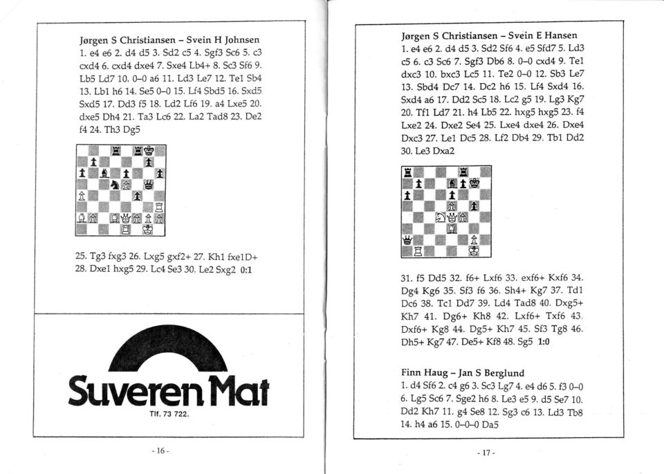 Kh1 fxeld+ 28. Dxel hxgi 29. Lc Se3 30. Le2 Sxg2 0:1 JørgenS Christiansen - Svein E Hansen 7. e e6 2. d d 3. Sd2 Sf6. e SfdT. Ld3 c. c3 c67. Sgf3 Db 8. 0-0 cxd 9. Te1 dxc3 1.0. bxc3 LcS 11.