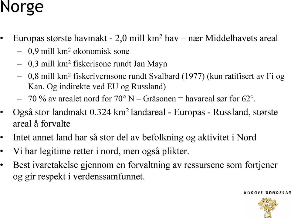 Og indirekte ved EU og Russland) 70 % av arealet nord for 70 N Gråsonen = havareal sør for 62. Også stor landmakt 0.