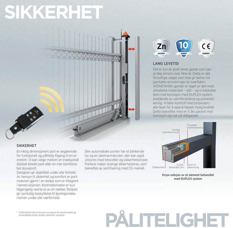 WIŚNIOWSKI-gjerder er laget av det mest slitesterke materialet stål og vi beskytter dem mot korrosjon med DUPLEX system bestående av varmforsinking og pulverlakkering.