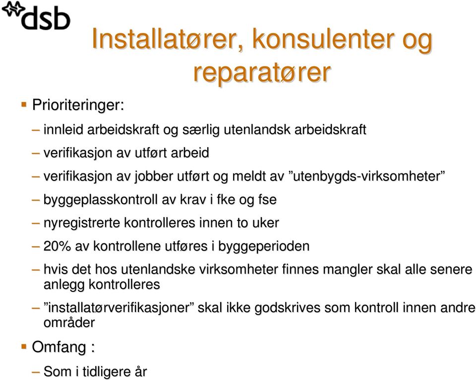 kontrolleres innen to uker 20% av kontrollene utføres i byggeperioden hvis det hos utenlandske virksomheter finnes mangler skal alle
