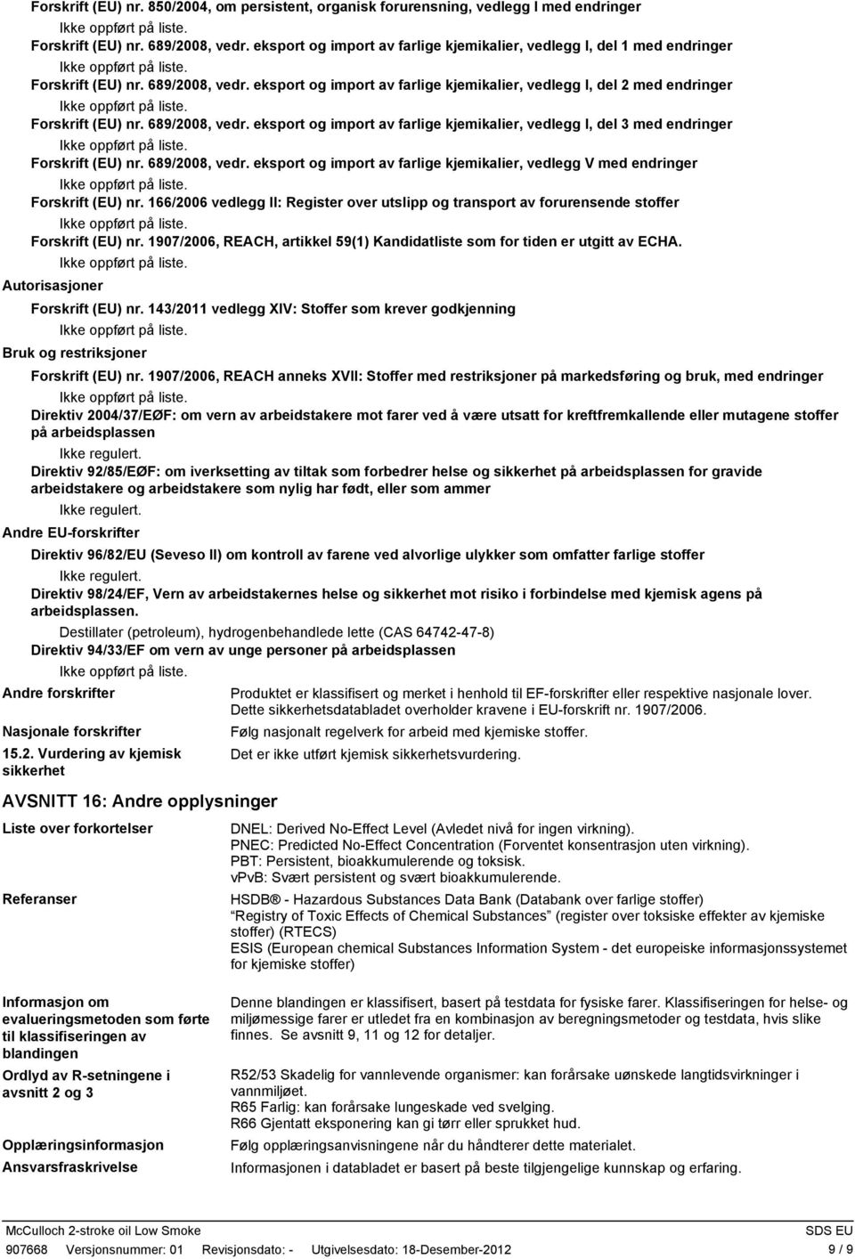 689/2008, vedr. eksport og import av farlige kjemikalier, vedlegg I, del 3 med endringer Forskrift (EU) nr. 689/2008, vedr.