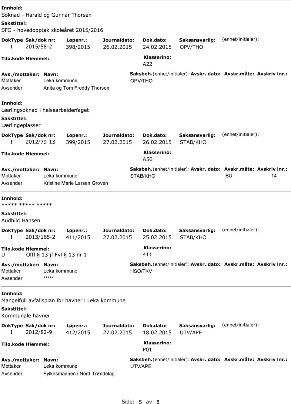 : BU 14 Avsender Kristine Marie Larsen Groven nnhold: ***** ***** ***** Audhild Hansen 2013/165-2 /2015 25.02.2015 Tilg.kode U Hjemmel: Offl 13 jf Fvl 13 nr 1 Avs./mottaker: Navn: Saksbeh. Avskr.