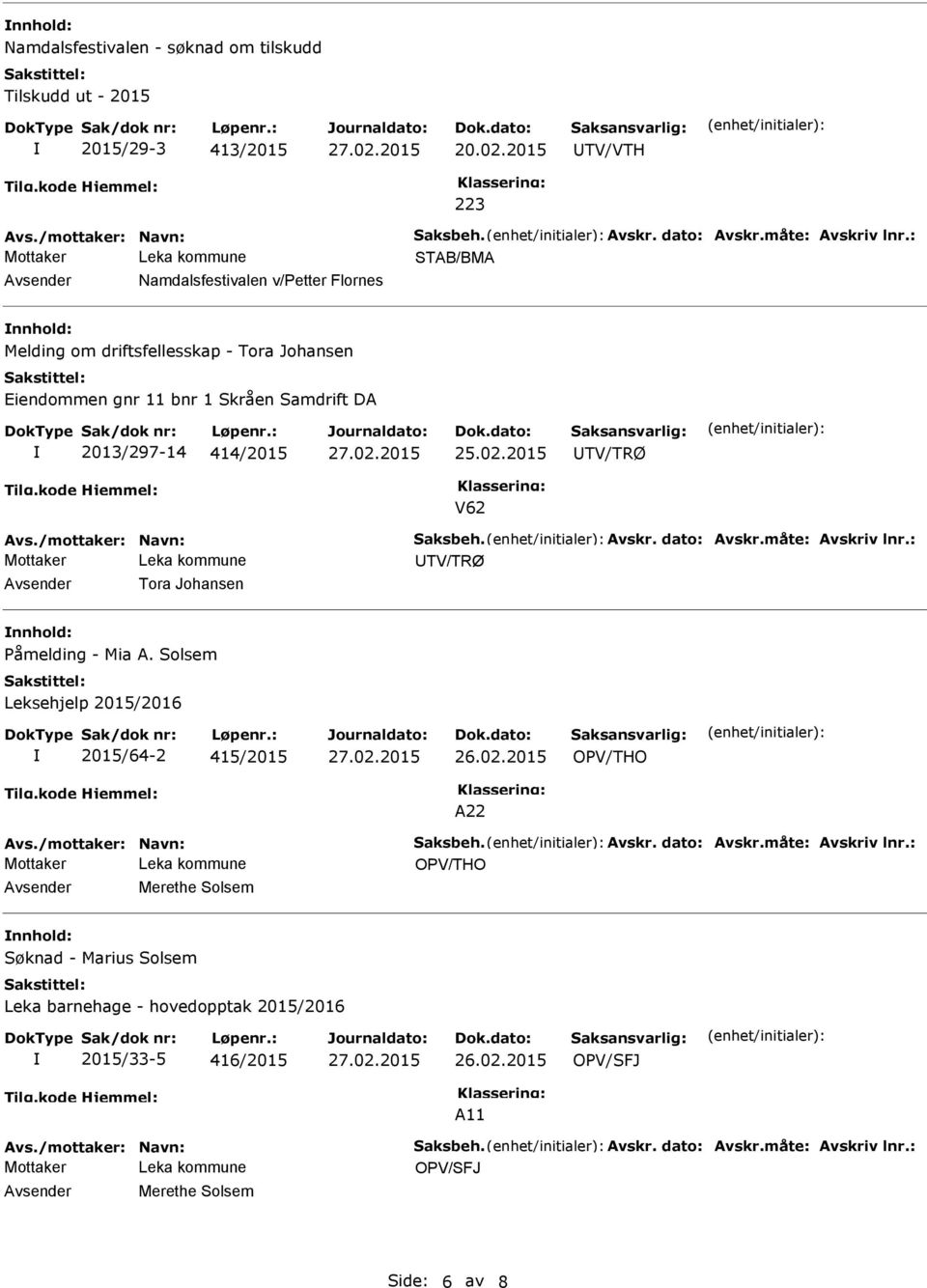 /mottaker: Navn: Saksbeh. Avskr. dato: Avskr.måte: Avskriv lnr.: UTV/TRØ Avsender Tora Johansen nnhold: Påmelding - Mia A. Solsem Leksehjelp 2015/2016 2015/64-2 415/2015 Avs./mottaker: Navn: Saksbeh. Avskr. dato: Avskr.måte: Avskriv lnr.: Avsender Merethe Solsem nnhold: Søknad - Marius Solsem Leka barnehage - hovedopptak 2015/2016 2015/33-5 416/2015 OPV/SFJ A11 Avs.