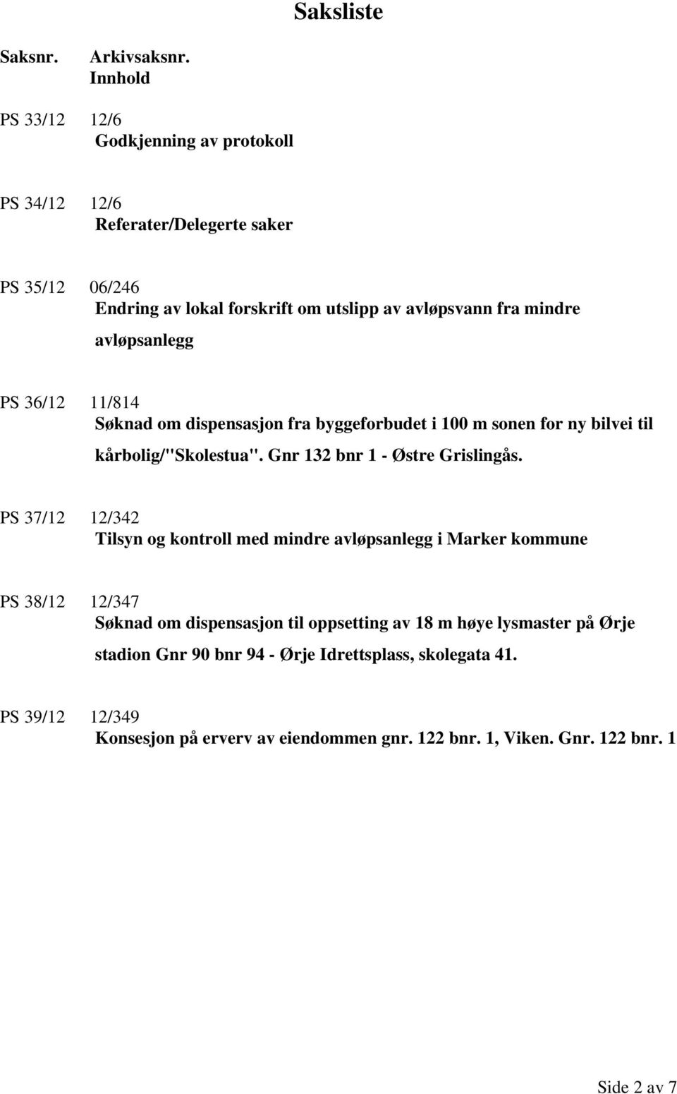 avløpsanlegg PS 36/12 11/814 Søknad om dispensasjon fra byggeforbudet i 100 m sonen for ny bilvei til kårbolig/"skolestua". Gnr 132 bnr 1 - Østre Grislingås.