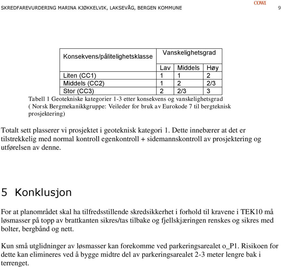 geoteknisk kategori 1. Dette innebærer at det er tilstrekkelig med normal kontroll egenkontroll + sidemannskontroll av prosjektering og utførelsen av denne.