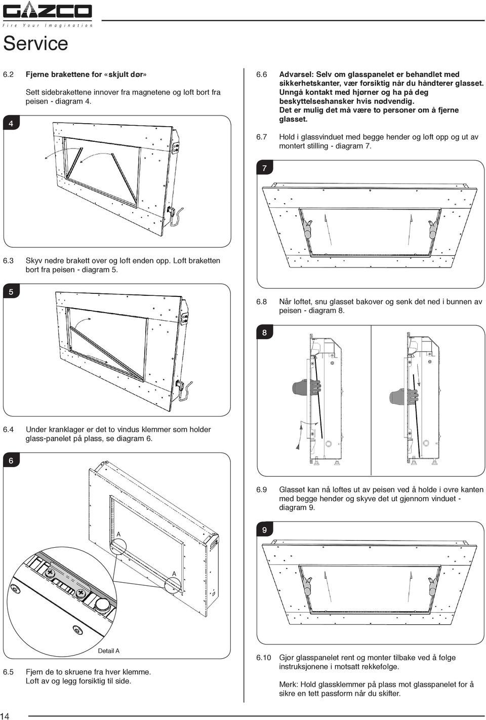 7 Hold i glassvinduet med begge hender og løft opp og ut av montert stilling - diagram 7. 7 6.3 Skyv nedre brakett over og løft enden opp. Løft braketten bort fra peisen - diagram 5. 5 6.