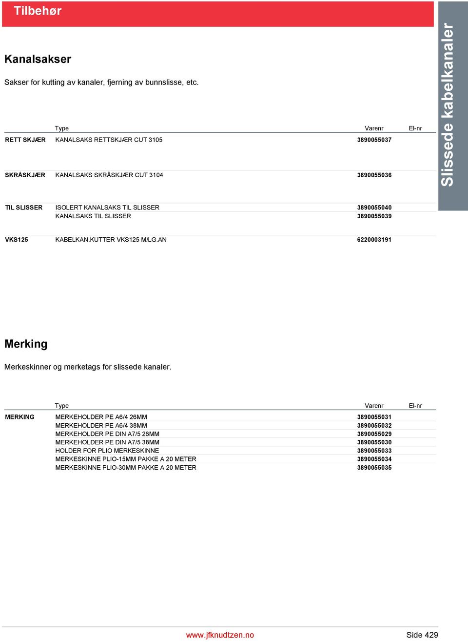 KANALSAKS TIL SLISSER 3890055039 VKS125 KABELKAN.KUTTER VKS125 M/LG.AN 6220003191 Merking Merkeskinner og merketags for slissede kanaler.