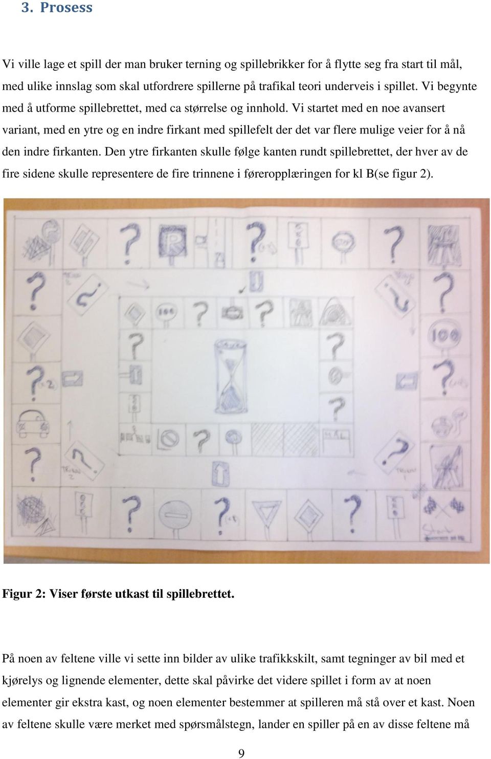 Vi startet med en noe avansert variant, med en ytre og en indre firkant med spillefelt der det var flere mulige veier for å nå den indre firkanten.