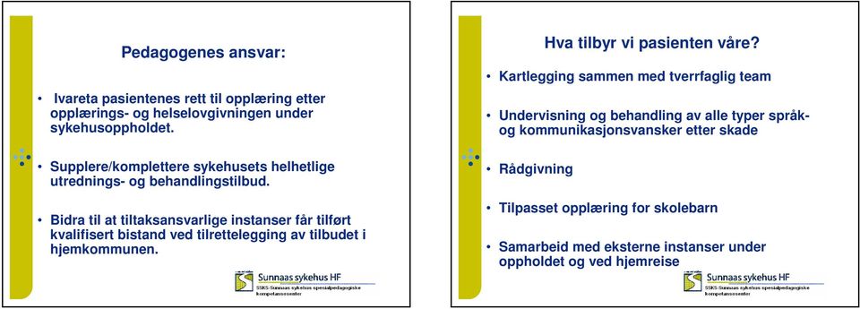 Bidra til at tiltaksansvarlige instanser får tilført kvalifisert bistand ved tilrettelegging av tilbudet i hjemkommunen.