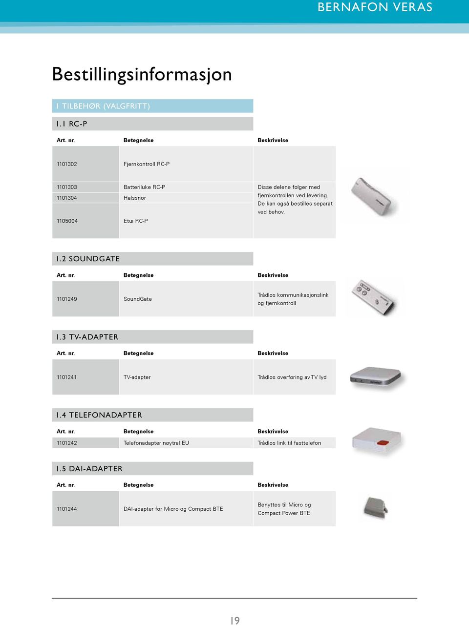 De kan også bestilles separat ved behov. 1105004 Etui RC-P 1.2 SoundGate 1101249 SoundGate Trådløs kommunikasjonslink og fjernkontroll 1.
