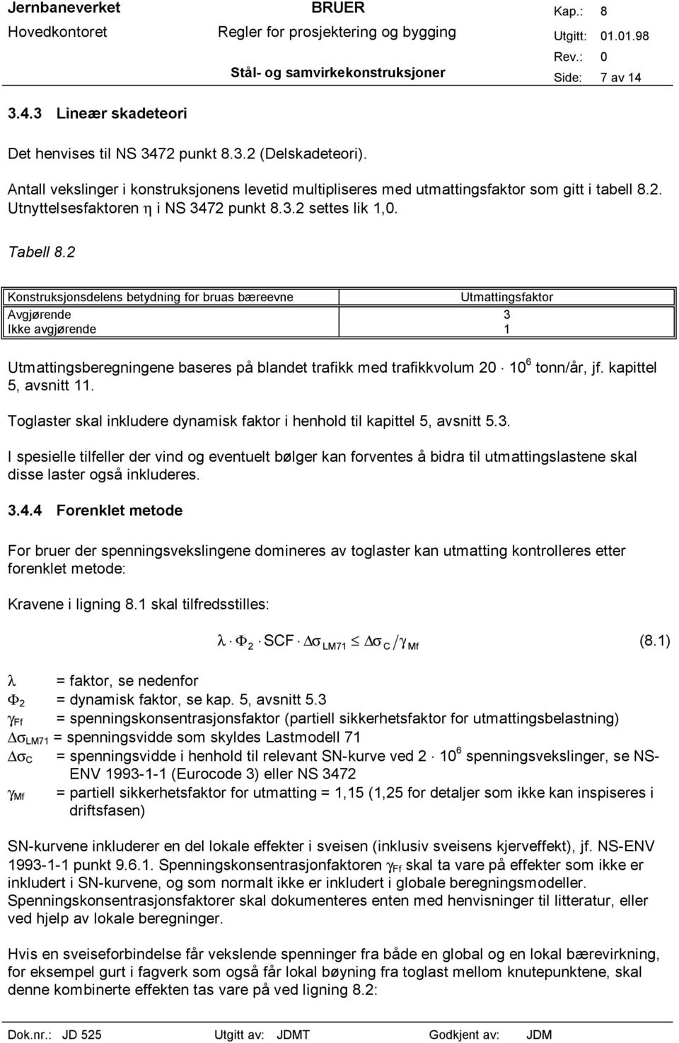 2 Konstruksjonsdelens betydning for bruas bæreevne Avgjørende Ikke avgjørende Utmattingsfaktor 3 1 Utmattingsberegningene baseres på blandet trafikk med trafikkvolum 20 10 6 tonn/år, jf.