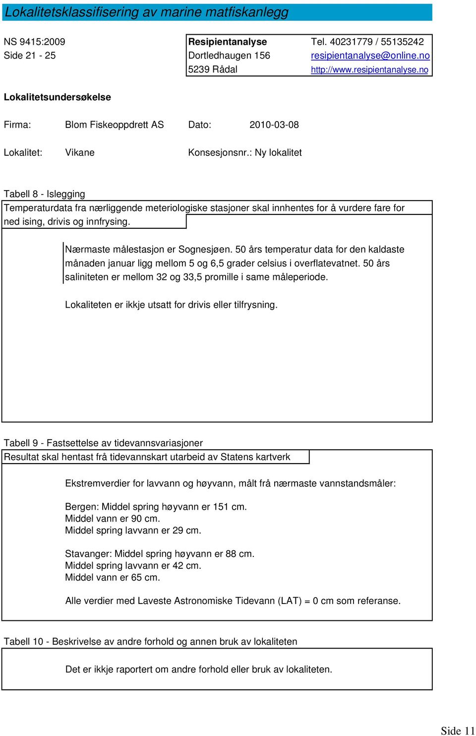 : Ny lokalitet Tabell 8 - Islegging Temperaturdata fra nærliggende meteriologiske stasjoner skal innhentes for å vurdere fare for ned ising, drivis og innfrysing. Nærmaste målestasjon er Sognesjøen.