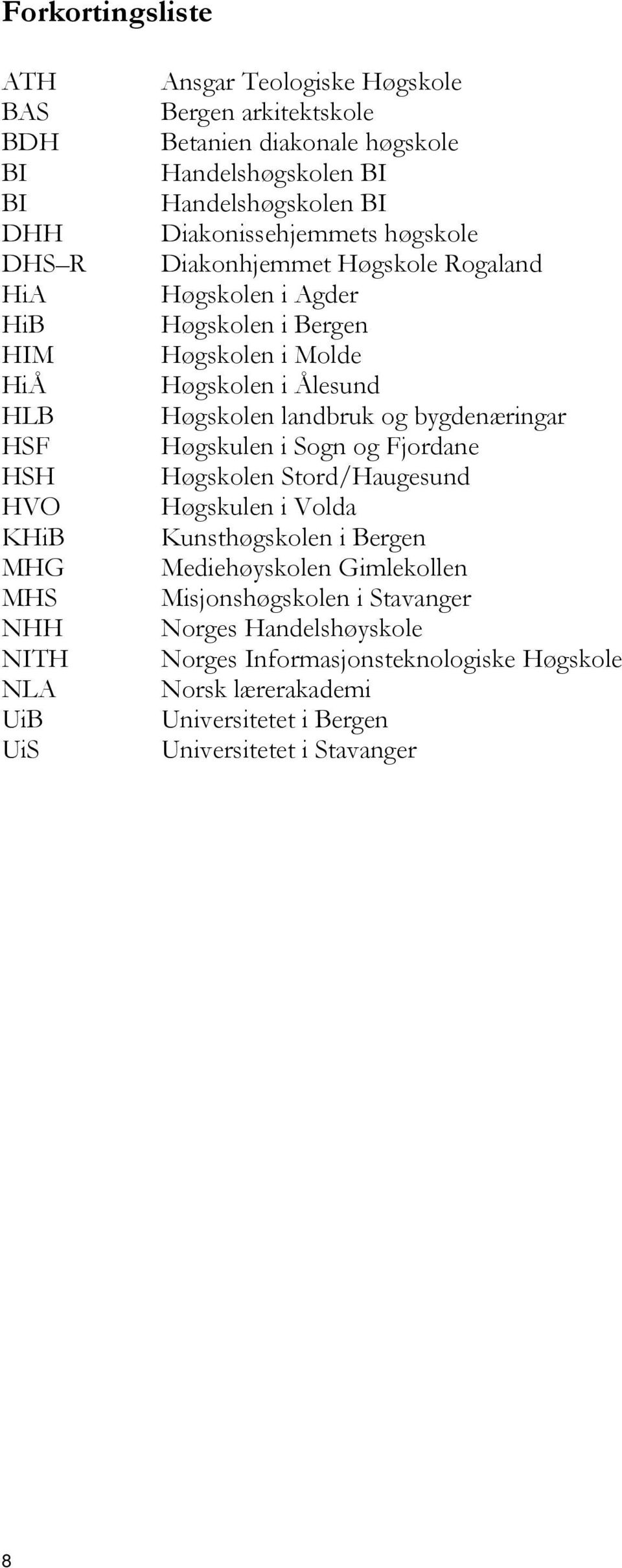 Molde Høgskolen i Ålesund Høgskolen landbruk og bygdenæringar Høgskulen i Sogn og Fjordane Høgskolen Stord/Haugesund Høgskulen i Volda Kunsthøgskolen i Bergen