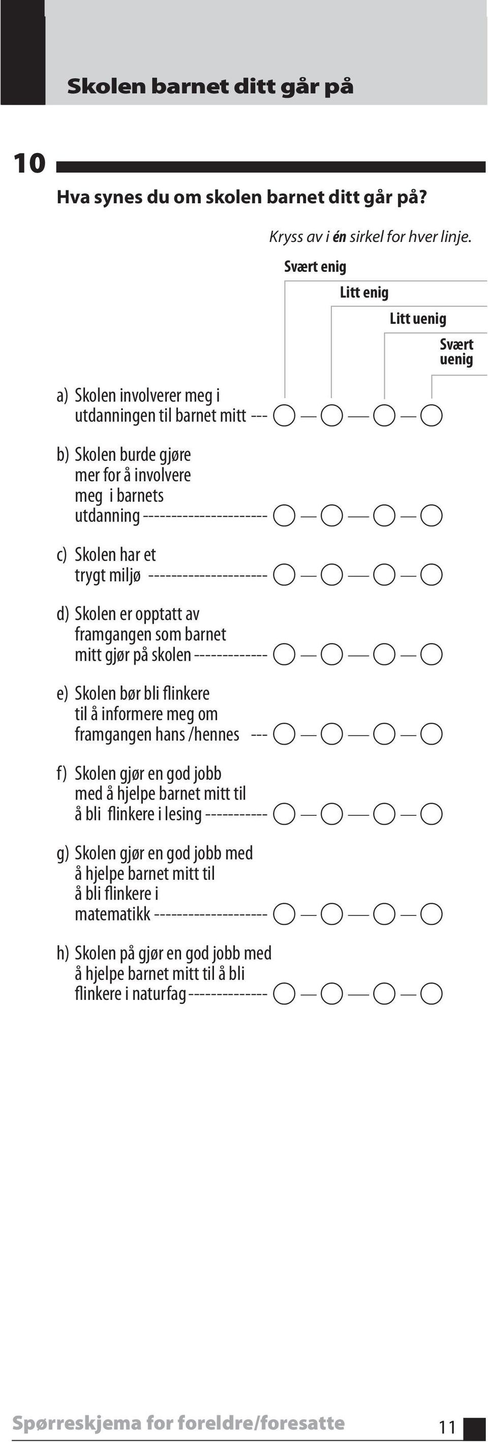 Skolen har et trygt miljø --------------------- d) Skolen er opptatt av framgangen som barnet mitt gjør på skolen ------------- e) Skolen bør bli flinkere til å informere meg om framgangen hans