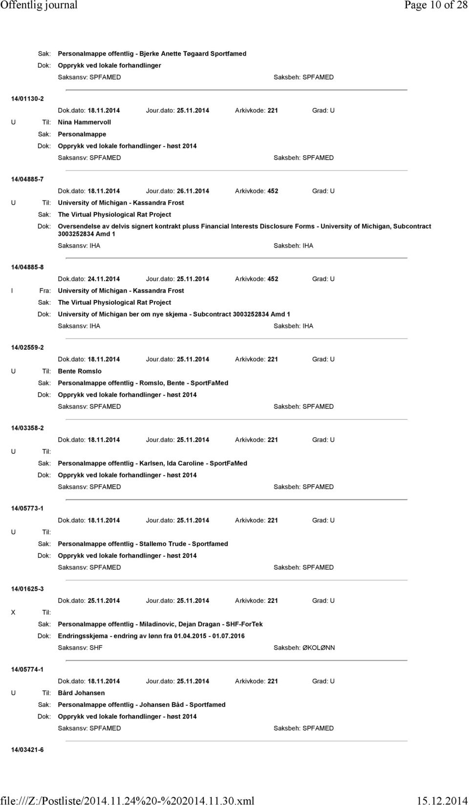 2014 Arkivkode: 452 Grad: U Til: University of Michigan - Kassandra Frost Sak: The Virtual Physiological Rat Project Dok: Oversendelse av delvis signert kontrakt pluss Financial Interests Disclosure