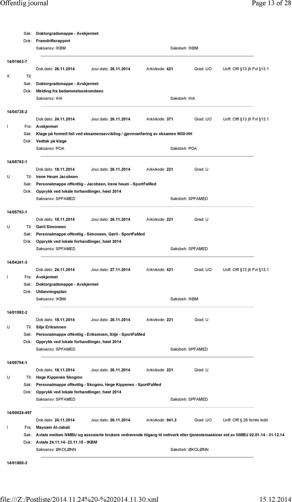 1 Sak: Klage på formell feil ved eksamensavvikling / gjennomføring av eksamen M30-HH Dok: Vedtak på klage Saksansv: POA 14/05792-1 Dok.dato: 18.11.