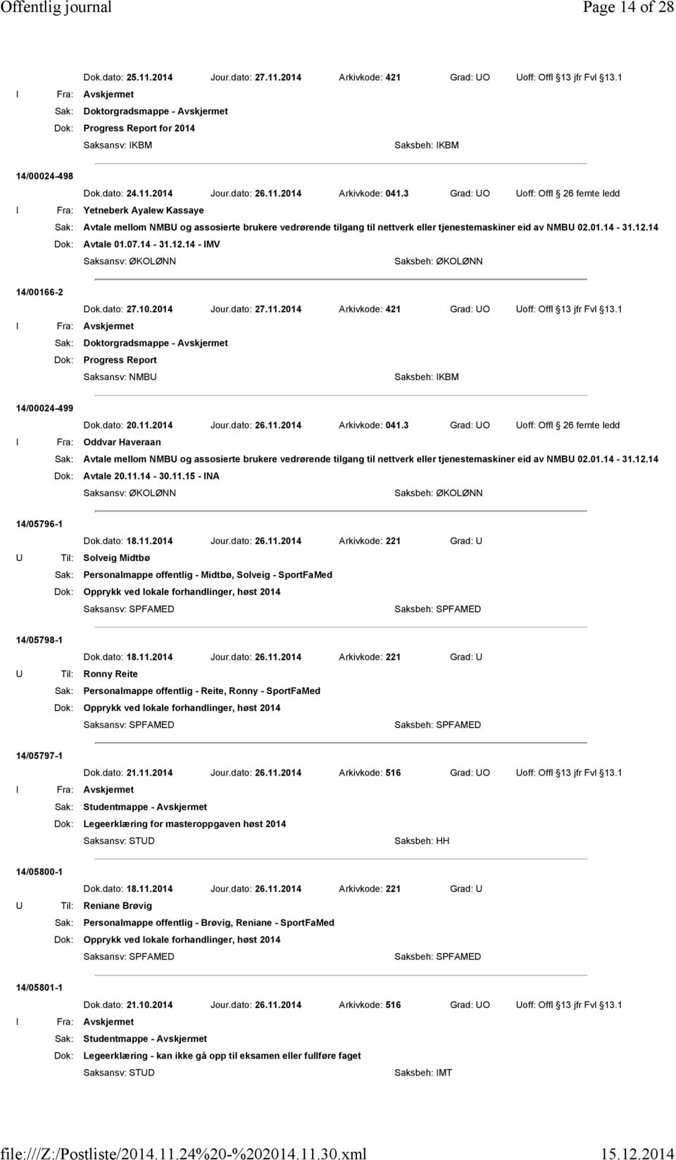 3 Grad: UO Uoff: Offl 26 femte ledd I Fra: Yetneberk Ayalew Kassaye Sak: Avtale mellom NMBU og assosierte brukere vedrørende tilgang til nettverk eller tjenestemaskiner eid av NMBU 02.01.14-31.12.