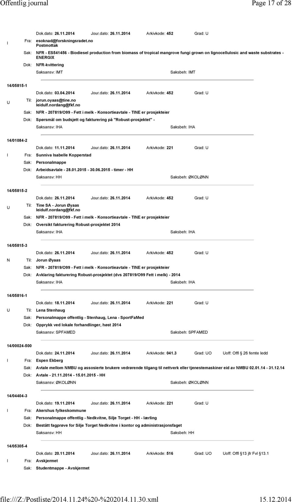 14/05815-1 U Dok.dato: 03.04.2014 Jour.dato: 26.11.2014 Arkivkode: 452 Grad: U Til: jorun.oyaas@tine.no leidulf.nordang@fkf.