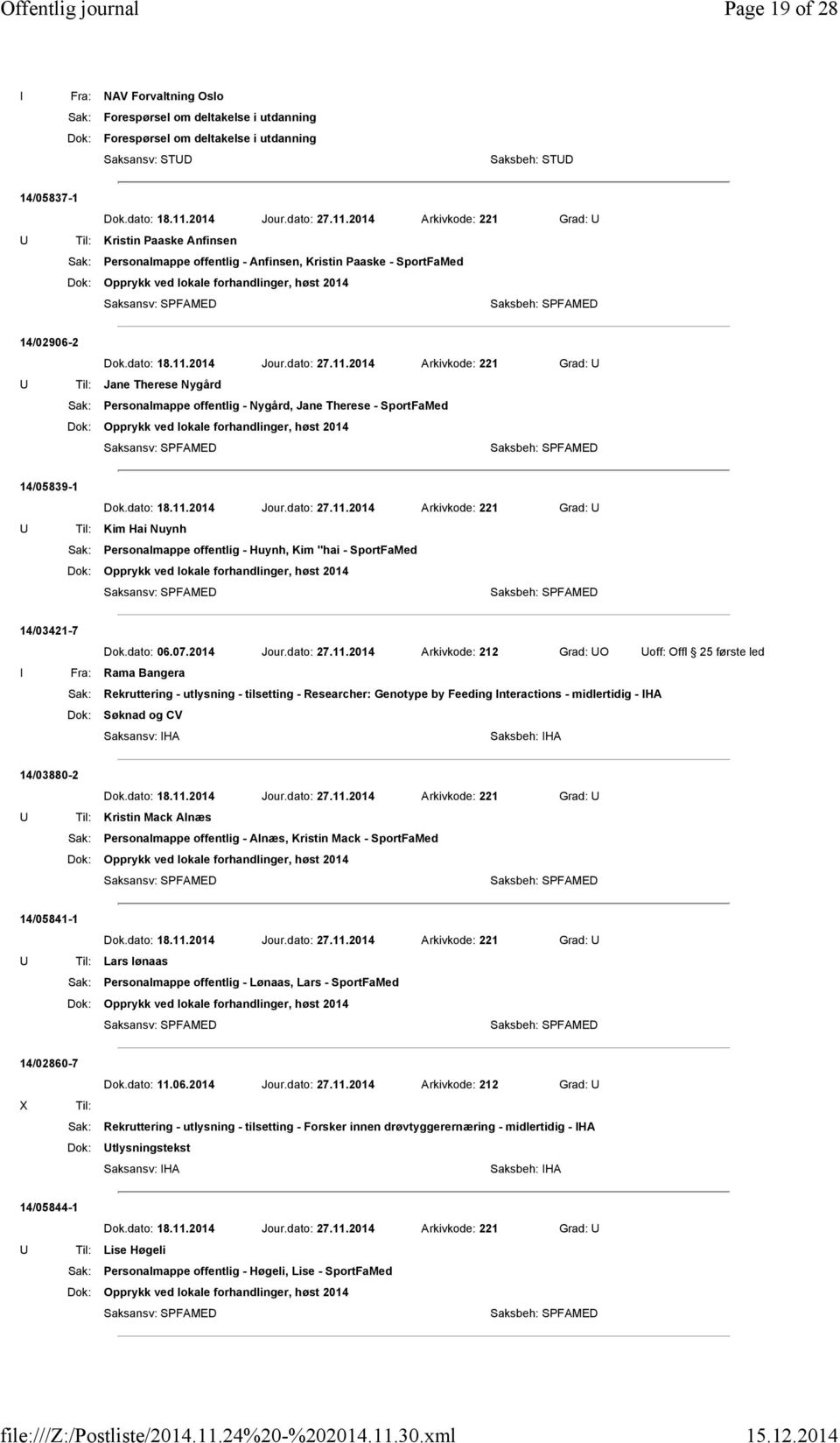 Personalmappe offentlig - Huynh, Kim ''hai - SportFaMed 14/03421-7 Dok.dato: 06.07.2014 Jour.dato: 27.11.