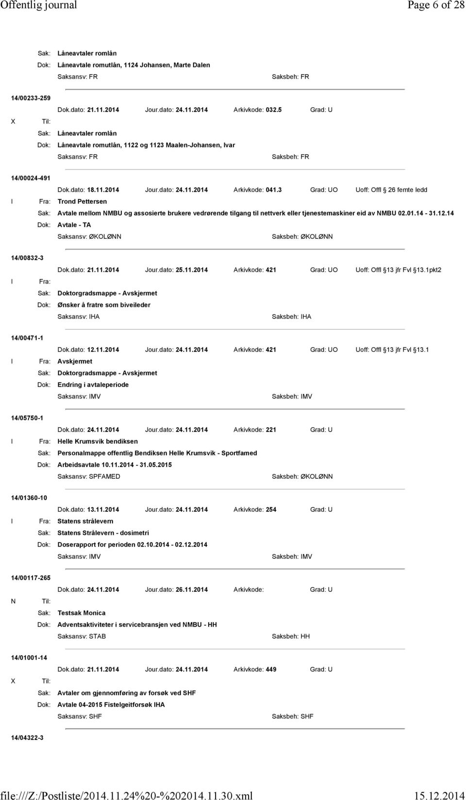 3 Grad: UO Uoff: Offl 26 femte ledd I Fra: Trond Pettersen Sak: Avtale mellom NMBU og assosierte brukere vedrørende tilgang til nettverk eller tjenestemaskiner eid av NMBU 02.01.14-31.12.