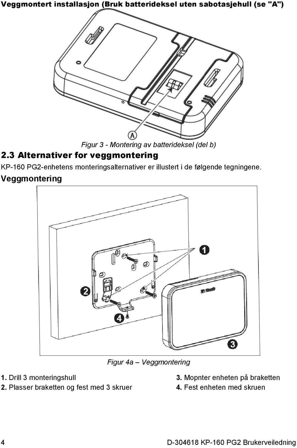 3 Alternativer for veggmontering KP-160 PG2-enhetens monteringsalternativer er illustert i de følgende