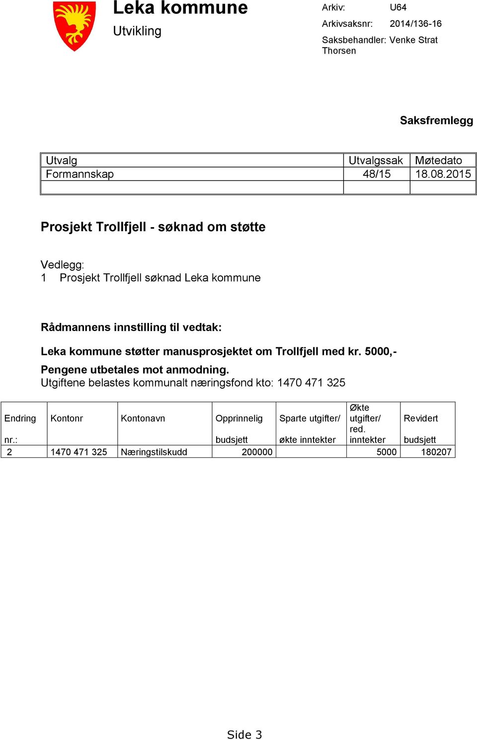 manusprosjektet om Trollfjell med kr. 5000,- Pengene utbetales mot anmodning.