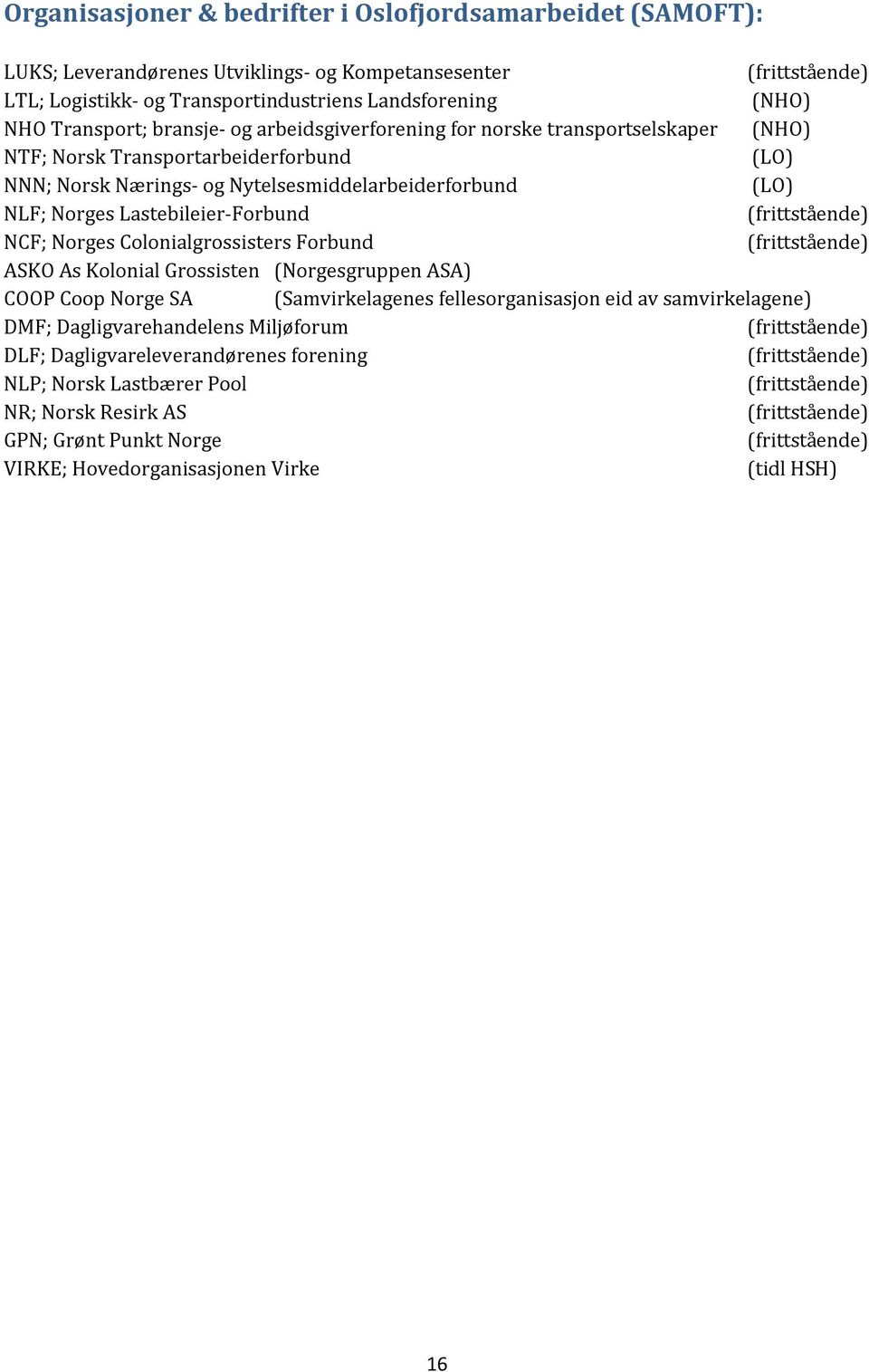 Lastebileier-Forbund (frittstående) NCF; Norges Colonialgrossisters Forbund (frittstående) ASKO As Kolonial Grossisten (Norgesgruppen ASA) COOP Coop Norge SA (Samvirkelagenes fellesorganisasjon eid