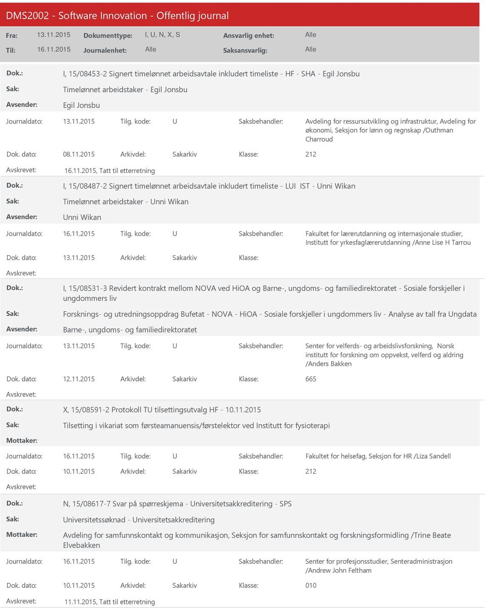 2015, Tatt til etterretning I, 15/08487-2 Signert timelønnet arbeidsavtale inkludert timeliste - LI IST - nni Wikan Timelønnet arbeidstaker - nni Wikan nni Wikan Institutt for yrkesfaglærerutdanning