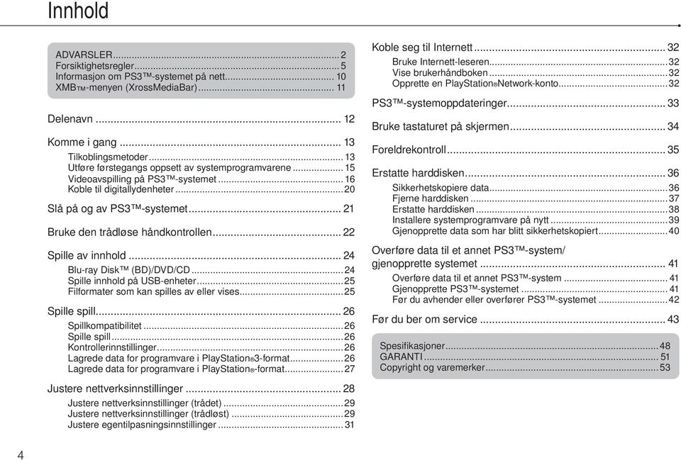 .. 22 Spille av innhold... 24 Blu-ray Disk (BD)/DVD/CD... 24 Spille innhold på USB-enheter...25 Filformater som kan spilles av eller vises...25 Spille spill... 26 Spillkompatibilitet...26 Spille spill.