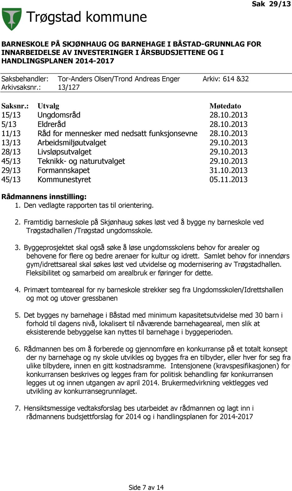 10.2013 28/13 Livsløpsutvalget 29.10.2013 45/13 Teknikk- og naturutvalget 29.10.2013 29/13 Formannskapet 31.10.2013 45/13 Kommunestyret 05.11.2013 Rådmannens innstilling: 1.