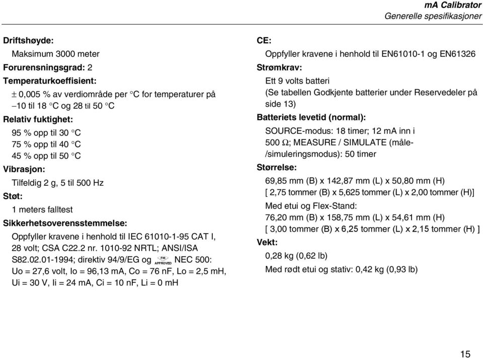 61010-1-95 CAT I, 28 volt; CSA C22.2 nr. 1010-92 NRTL; ANSI/ISA S82.02.