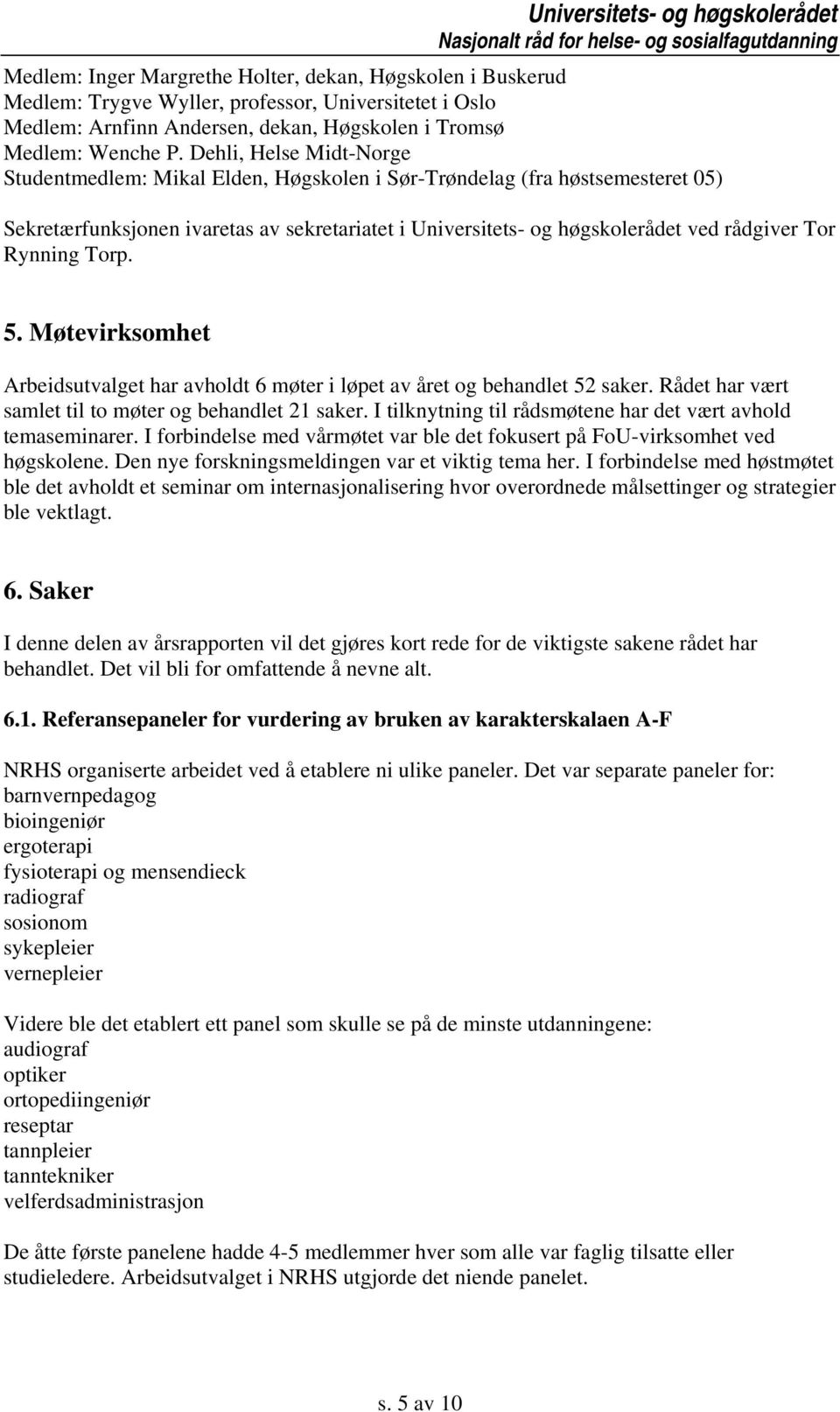 Rynning Torp. 5. Møtevirksomhet Arbeidsutvalget har avholdt 6 møter i løpet av året og behandlet 52 saker. Rådet har vært samlet til to møter og behandlet 21 saker.