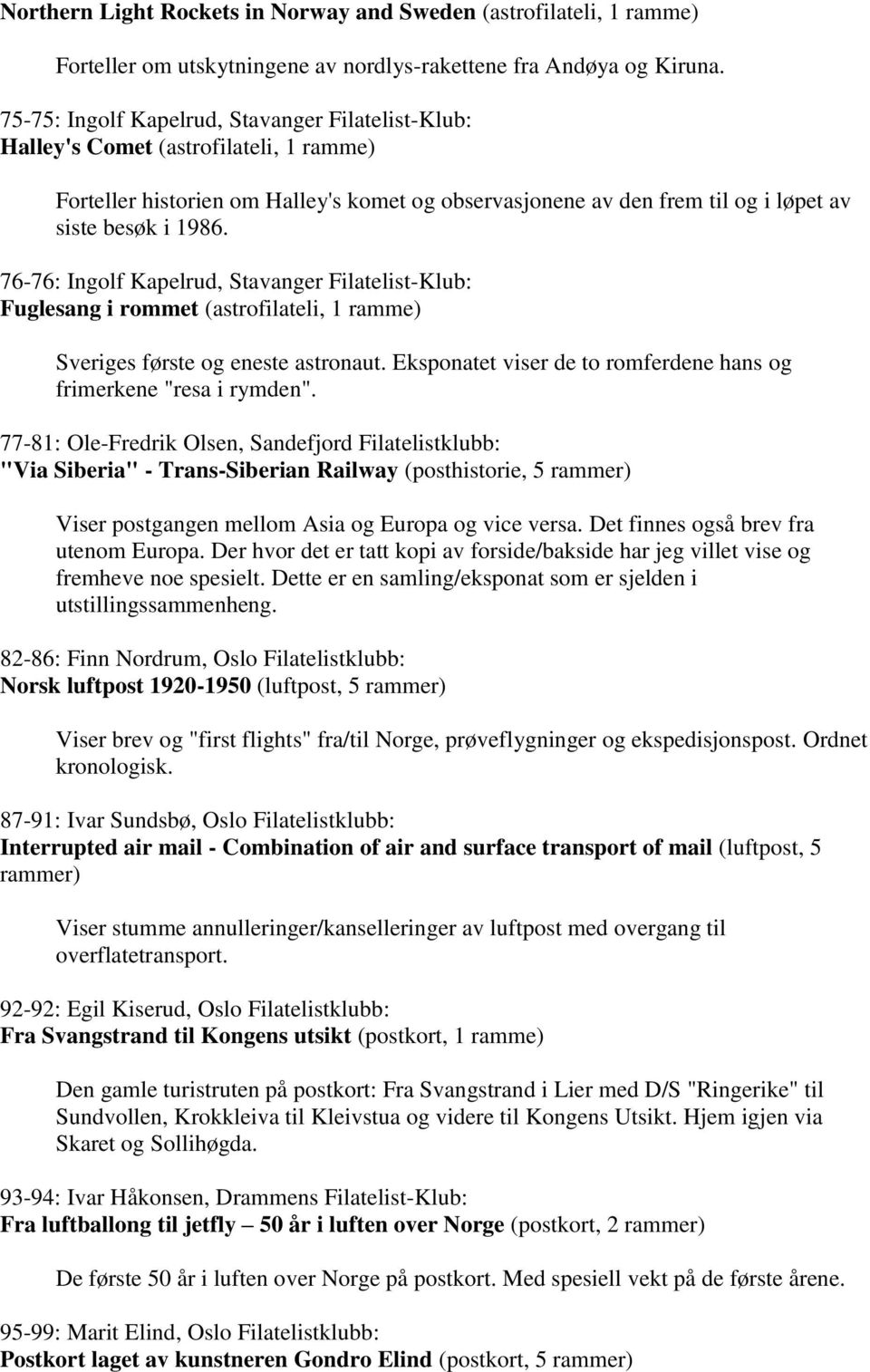 76-76: Ingolf Kapelrud, Stavanger Filatelist-Klub: Fuglesang i rommet (astrofilateli, 1 ramme) Sveriges første og eneste astronaut.