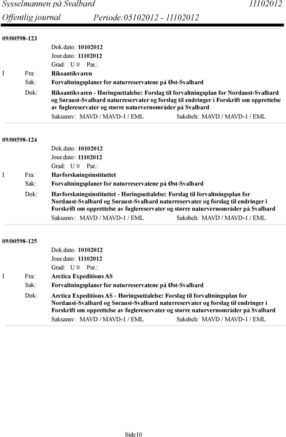 Søraust-Svalbard naturreservater og forslag til endringer i Forskrift om opprettelse av fuglereservater og større naturvernområder på Svalbard Saksansv: MAVD / MAVD-1 / EML Saksbeh: MAVD / MAVD-1 /