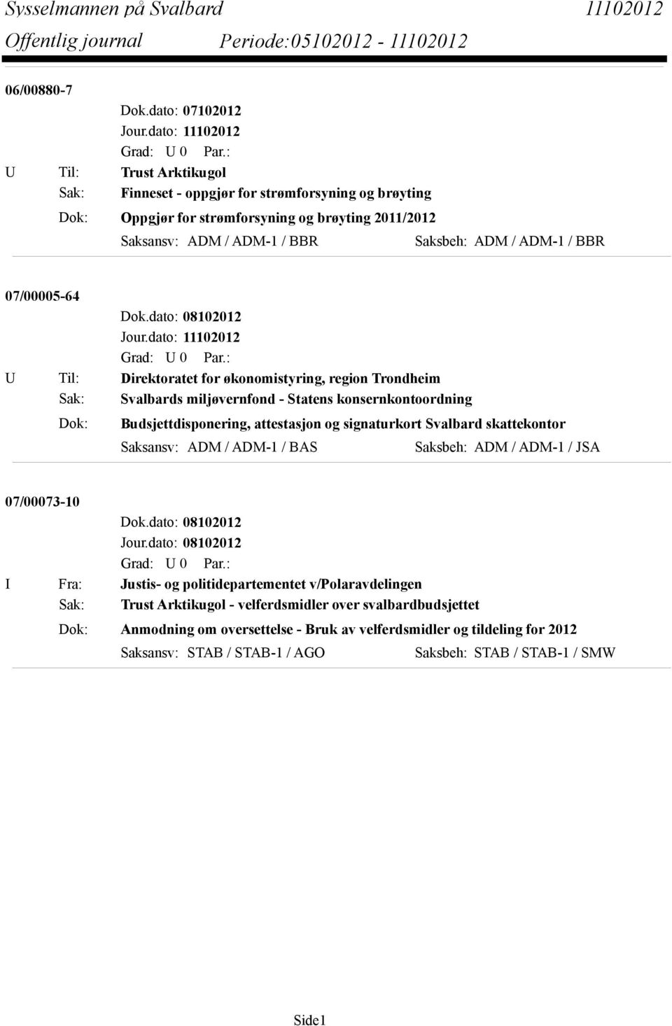 ADM / ADM-1 / BBR 07/00005-64 U Til: Direktoratet for økonomistyring, region Trondheim Sak: Svalbards miljøvernfond - Statens konsernkontoordning Dok: Budsjettdisponering, attestasjon og