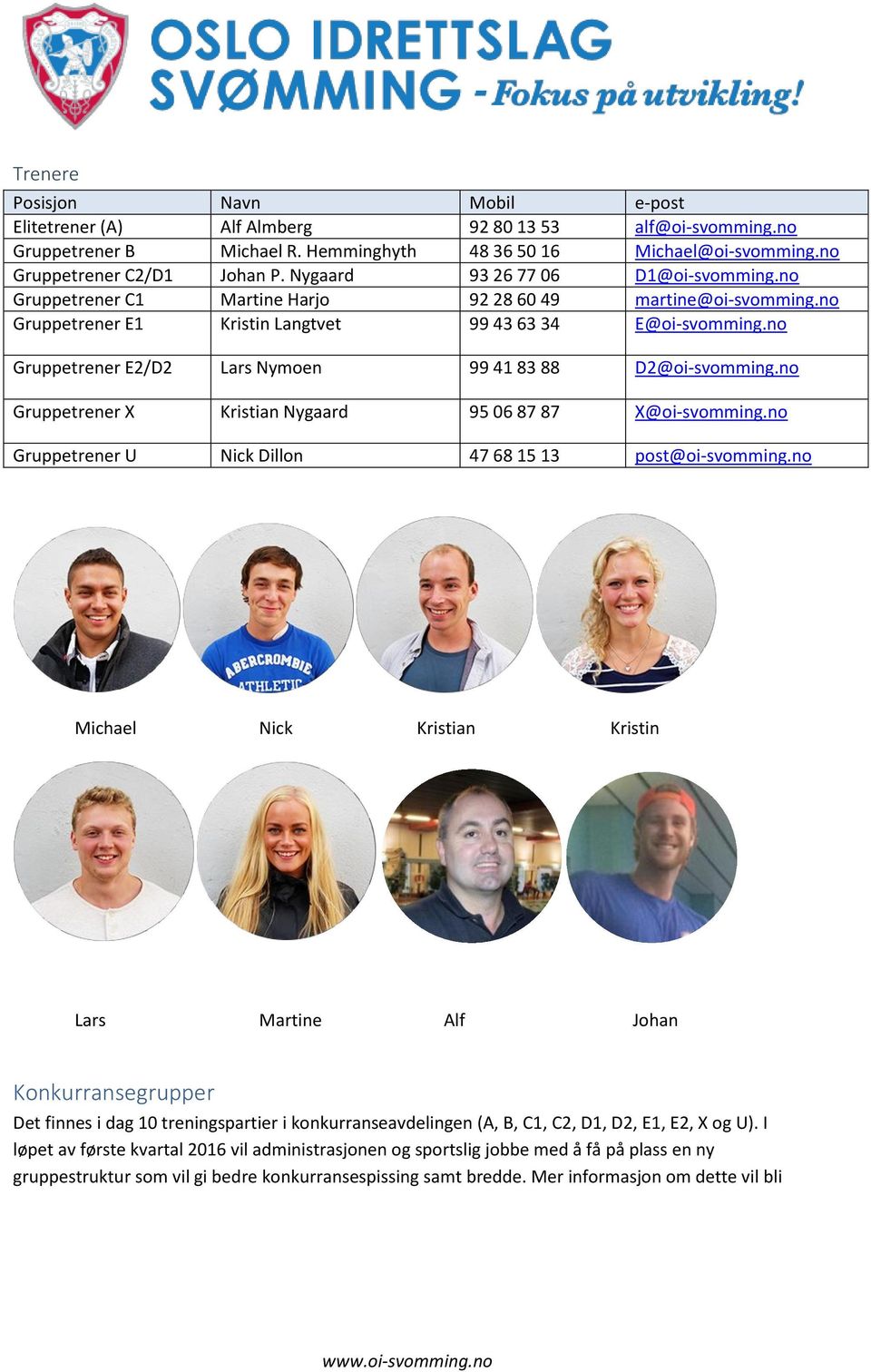 no Gruppetrener E2/D2 Lars Nymoen 99 41 83 88 D2@oi-svomming.no Gruppetrener X Kristian Nygaard 95 06 87 87 X@oi-svomming.no Gruppetrener U Nick Dillon 47 68 15 13 post@oi-svomming.