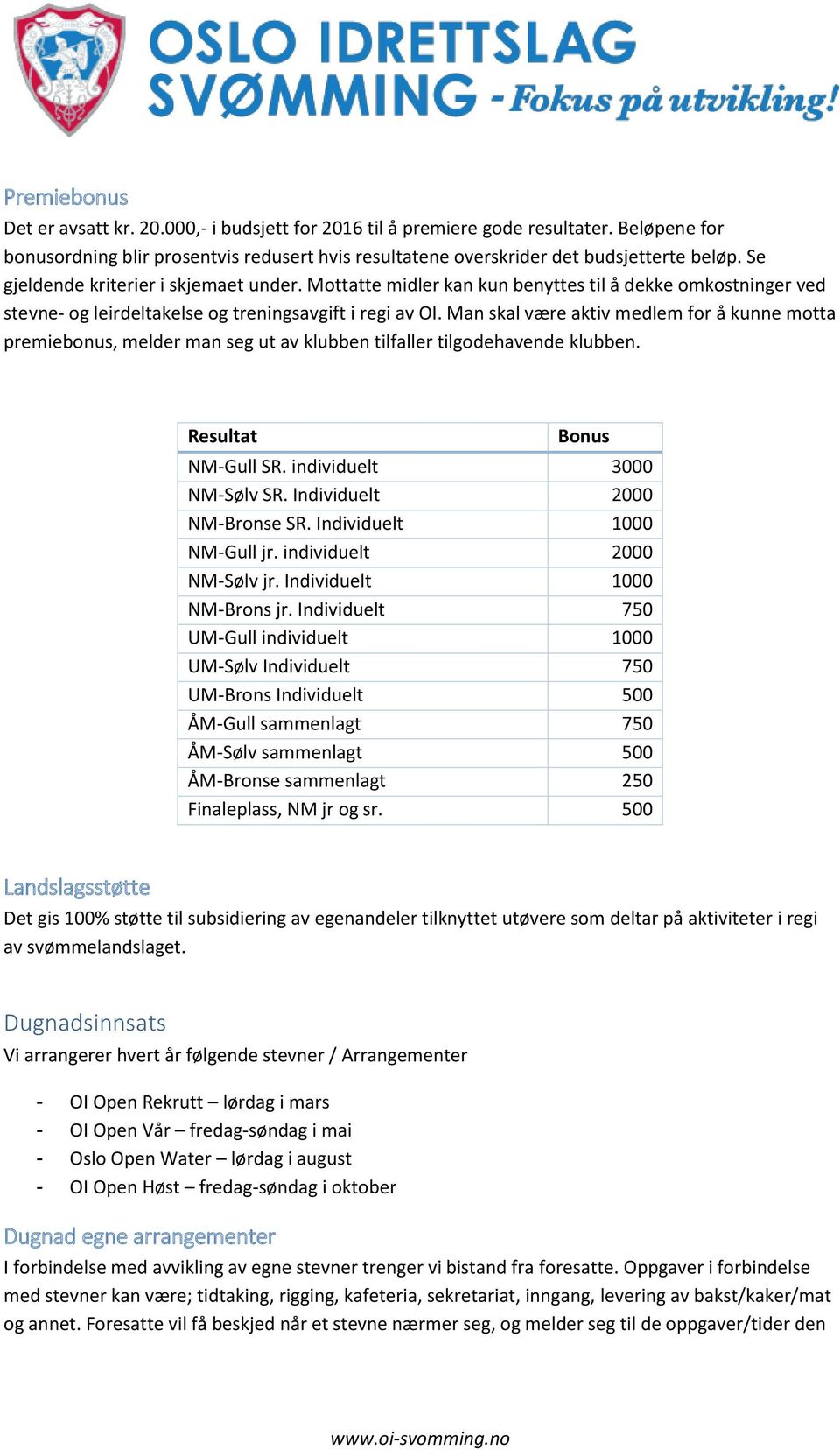 Man skal være aktiv medlem for å kunne motta premiebonus, melder man seg ut av klubben tilfaller tilgodehavende klubben. Resultat Bonus NM-Gull SR. individuelt 3000 NM-Sølv SR.