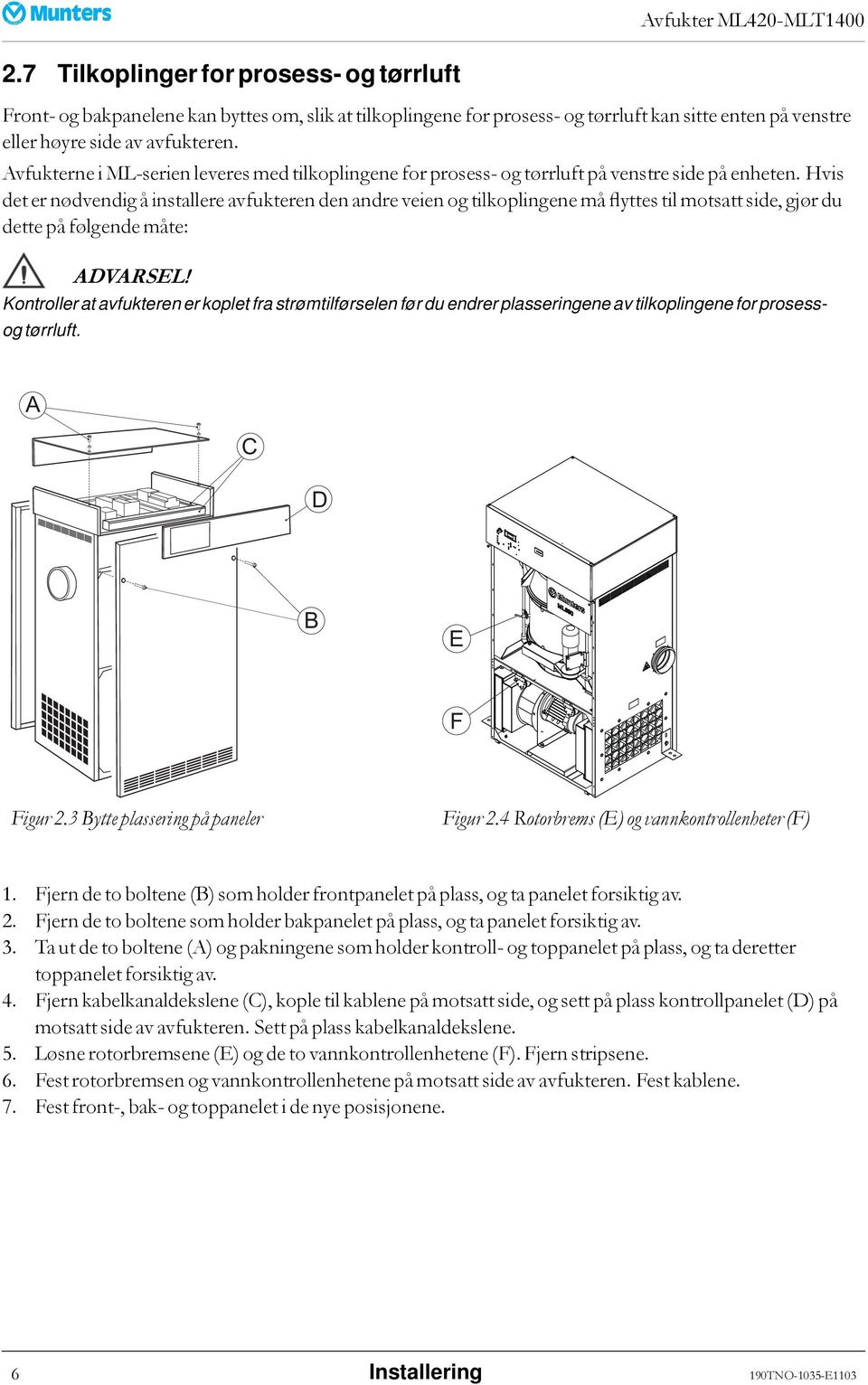 Hvis det er nødvendig å installere avfukteren den andre veien og tilkoplingene må flyttes til motsatt side, gjør du dette på følgende måte: ADVARSEL!