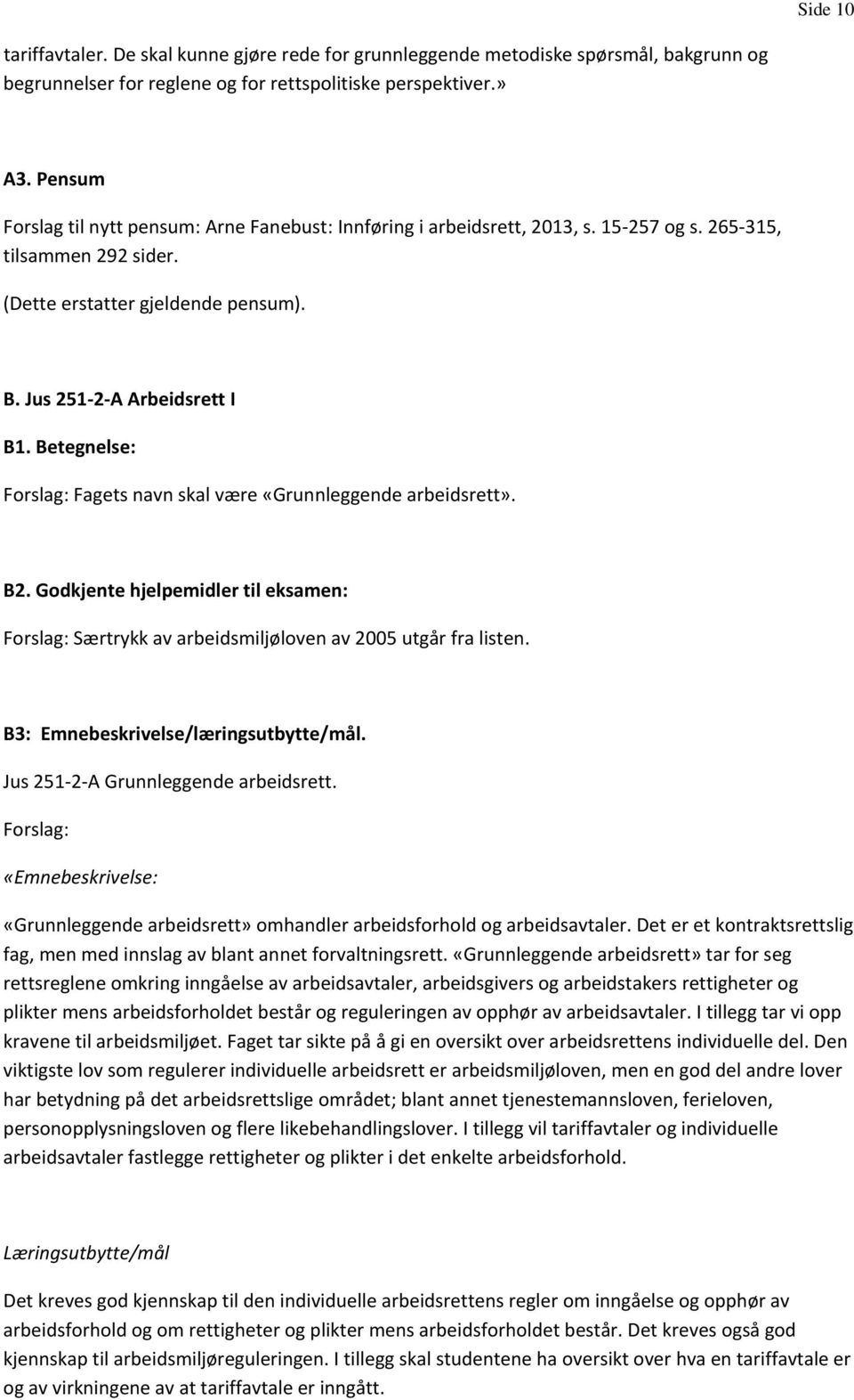 Betegnelse: Forslag: Fagets navn skal være «Grunnleggende arbeidsrett». B2. Godkjente hjelpemidler til eksamen: Forslag: Særtrykk av arbeidsmiljøloven av 2005 utgår fra listen.