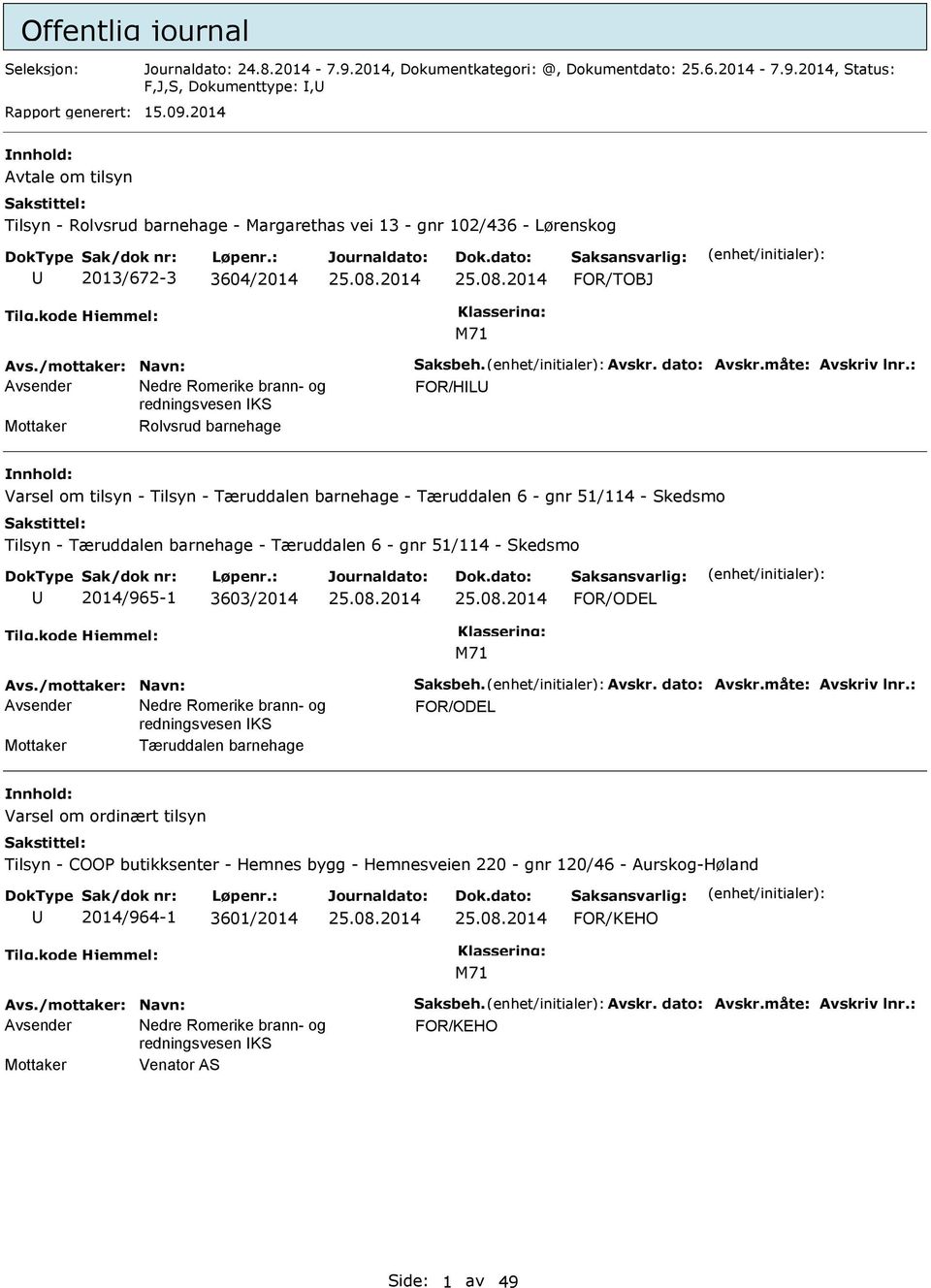 : FOR/HL Mottaker Rolvsrud barnehage Varsel om tilsyn - Tilsyn - Tæruddalen barnehage - Tæruddalen 6 - gnr 51/114 - Skedsmo Tilsyn - Tæruddalen barnehage - Tæruddalen 6 - gnr 51/114 - Skedsmo