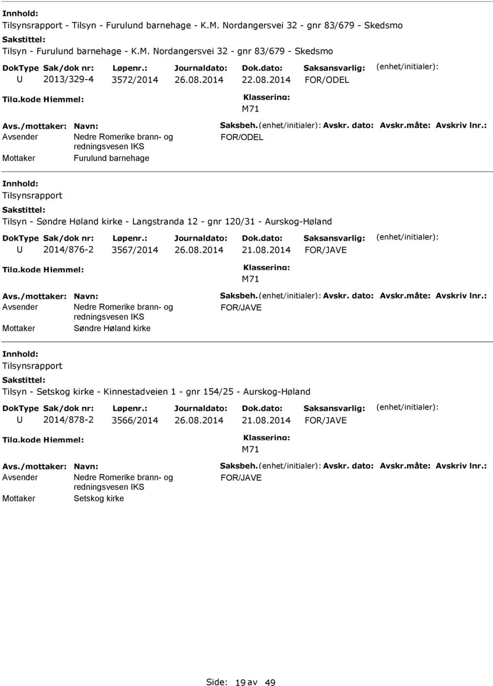 : FOR/ODEL Mottaker Furulund barnehage Tilsynsrapport Tilsyn - Søndre Høland kirke - Langstranda 12 - gnr 120/31 - Aurskog-Høland 2014/876-2 3567/2014 21.08.2014 Avs.